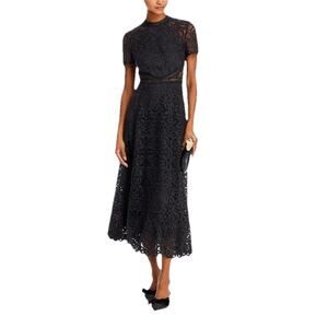ML Monique Lhuillier Women’s Black Floral Lace Dress Midi Maxi Sz 8